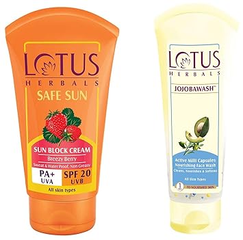 Lotus Herbals Safe Sun Block Cream SPF 20, 50g & Herbals Jojobawash Active Milli Capsules Nourishing Face Wash, 120g Combo