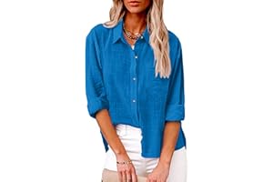 SHOPESSA Linen Shirts for Women Summer Plain Linen Button Down Shirts Long Sleeve Linen Top with Pockets Collared Blouse