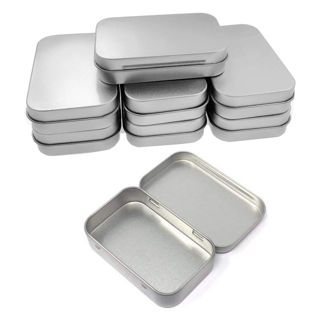 JZ K 8 x Rectangular Hinged Containers Silver Metal Empty Mini Tin Box Portable Organizer Home for Chocolate Beans Sweet Candy