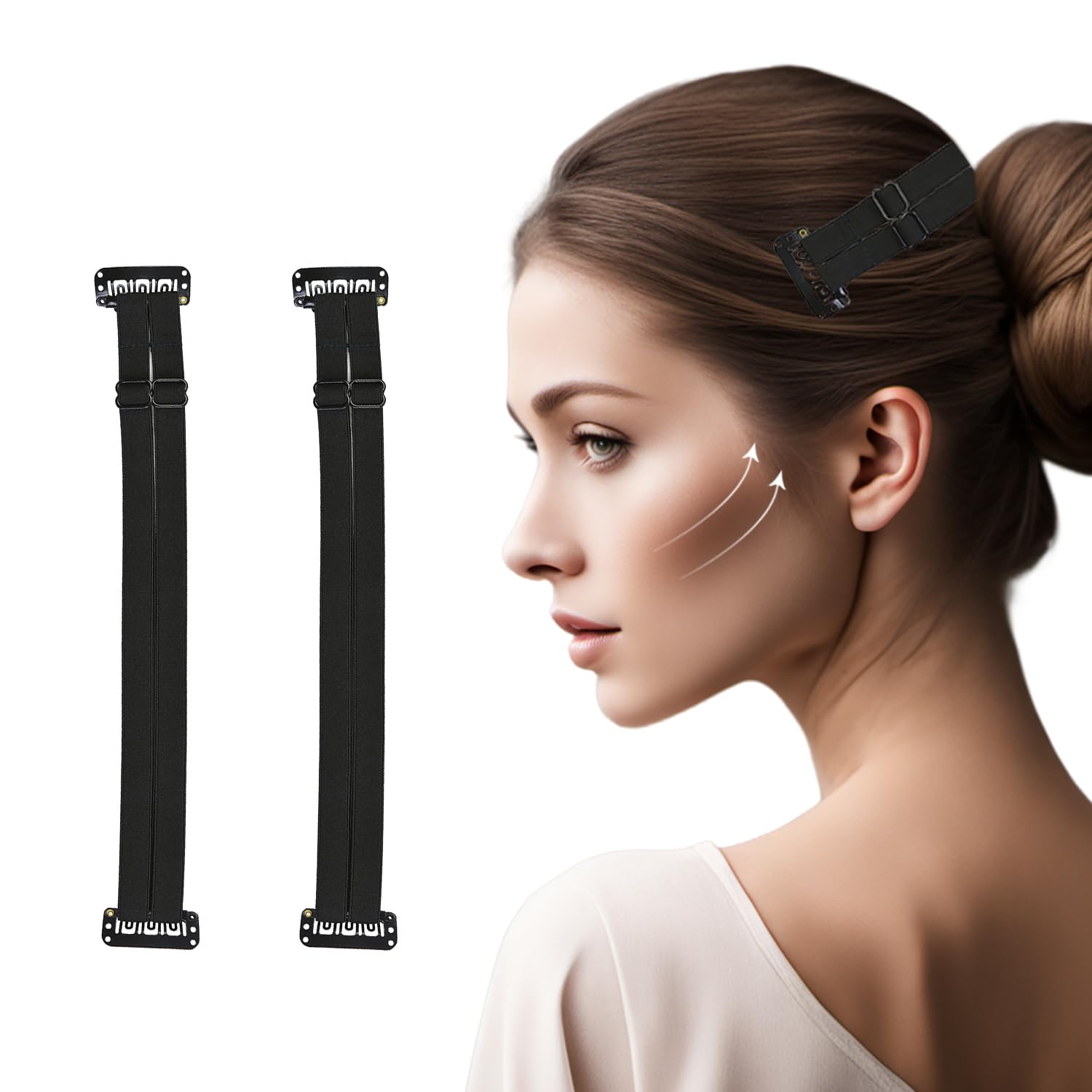 2 Pcs Face Lift Bands Adjustable Elastic Eyelids Lift Straps with Clips for Face Shaping (24cm Black Double Bands)