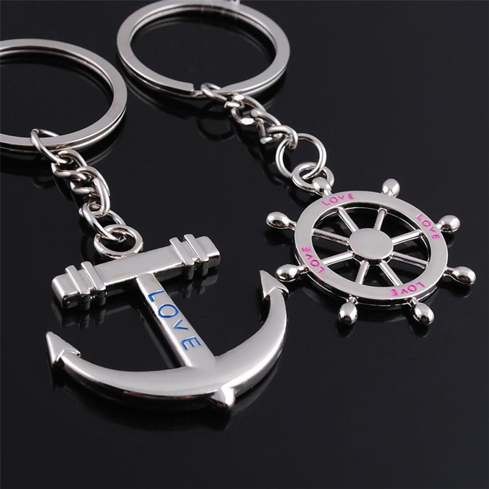 ODETOJOY Pair of 2 pieces for him and his nautical steering wheel anchor key chain, Silver - Image 5