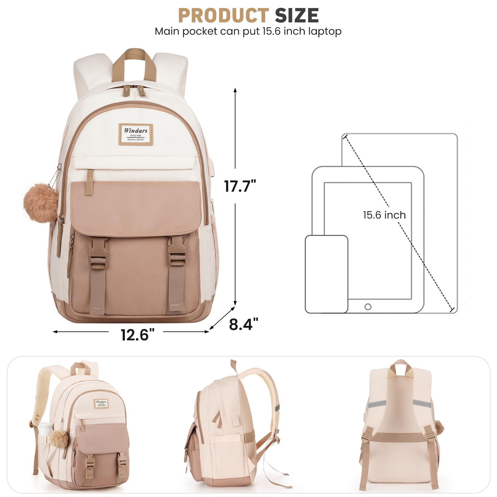 WINDARS School Backpack for Teen Girls, Cute College Backpacks for Women Students Aesthetic Bookbag Large 15.6 Inch Laptop Bag Middle School Travel Back Pack (Khaki Beige)