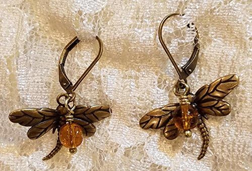 Dragonfly and Amber Dangle Lever-back Earrings Antique Gold