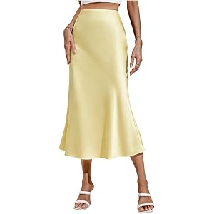 MakeMeChic Women's Elegant Dressy Satin Midi Skirt High Waisted Flared Hem Fishtail Skirts