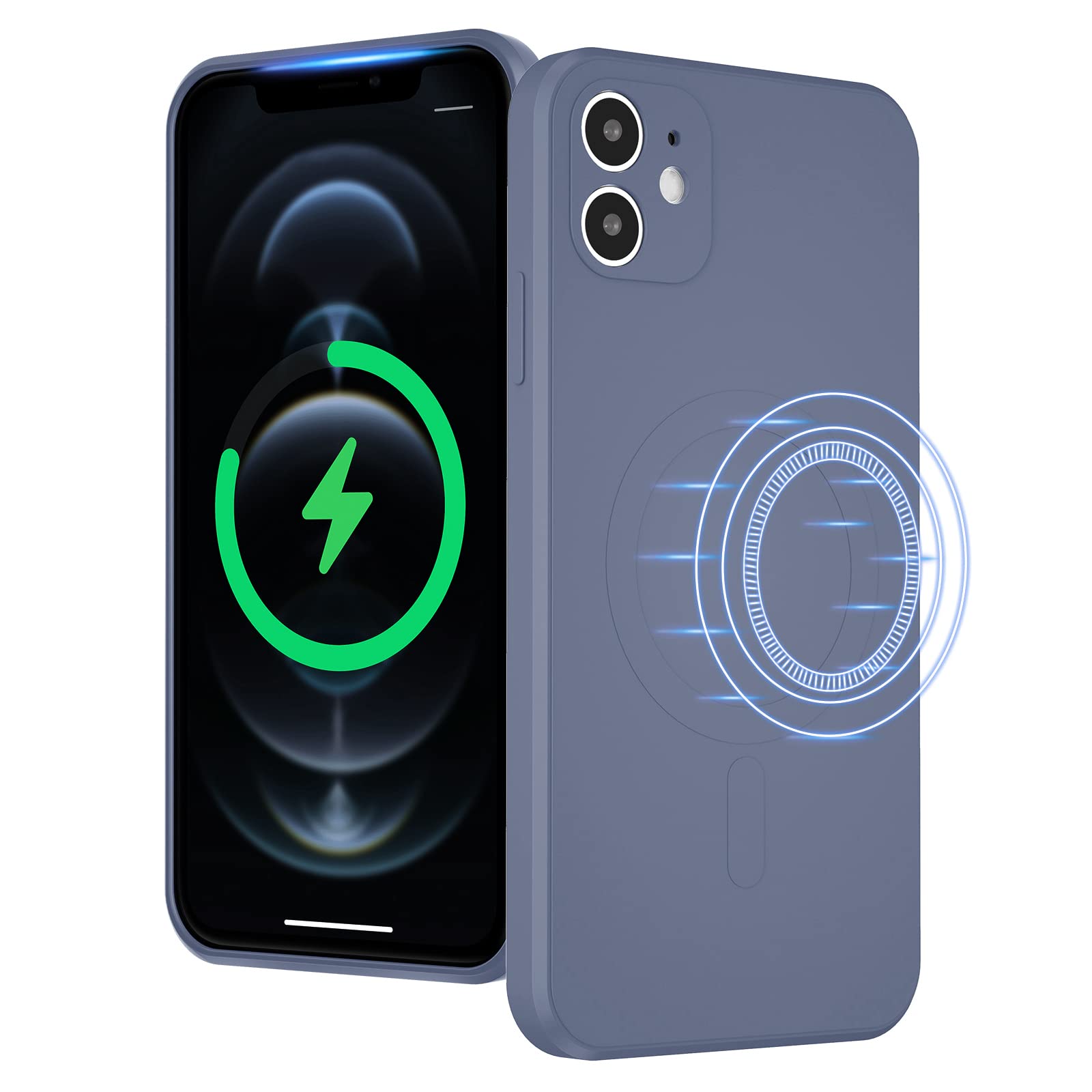 UEEBAI Wireless Charging Case For iPhone 12 6.1 inch, Liquid Silicone Built-in Magnets Phone Case Compatible with MagSafe Faster Charging Slim Fit Soft Microfiber Cover - Blue Grey