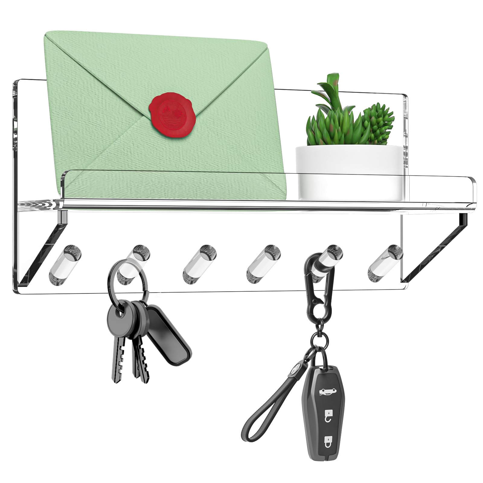 Photo 1 of BOSSCASA Decorative Wall Key Holder - Acrylic Mounted Key Hooks with Shelf, Entryway Rack, Mail Organizer, Living Room Decor (Clear)