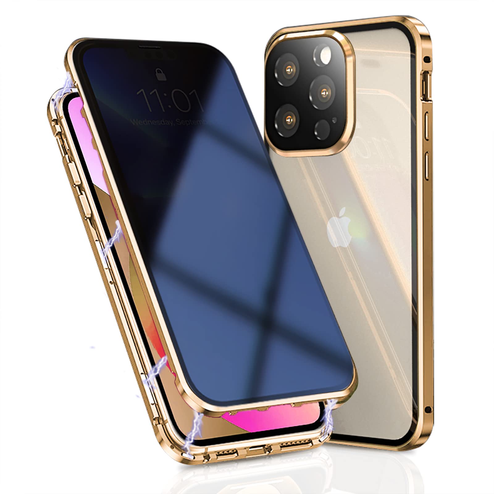 OMGZONE Privacy Case for iPhone 14 Pro Magnetic Cover,Screen Protector built-in Anti-peep Tempered Glass Full Cover with Camera Protector,360 Degree Metal Bumper Case for iPhone 14 Pro,Gold — image 1