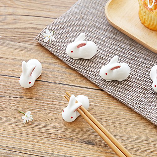 Colias Wing Dinnerware Accessory Adorable Animal Rabbits Shape Design Porcelain Chopsticks Rest Set Dinner Spoons Stand Knife Fork Holder(Set of 8)-White