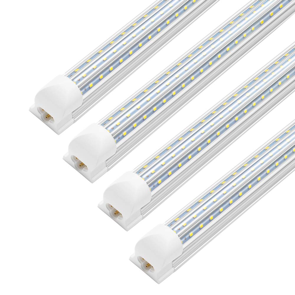 8 foot LED Shop Light, 90W 10800LM 6000K, Cool White, Triple Sided D Shape, High Output, Clear Cover, T8 Integrated LED Tube Light, Led Shop Lights for Garage 8 Foot with Plug, Warehouse, Workshop,4 Pack