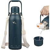 Insulated Water Bottle with Handle and Strap,Vacuum Travel Tumbler with Cup Lid,Thermo Coffee Cup for Hot Cold Drinks 50 OZ,Navy Blue