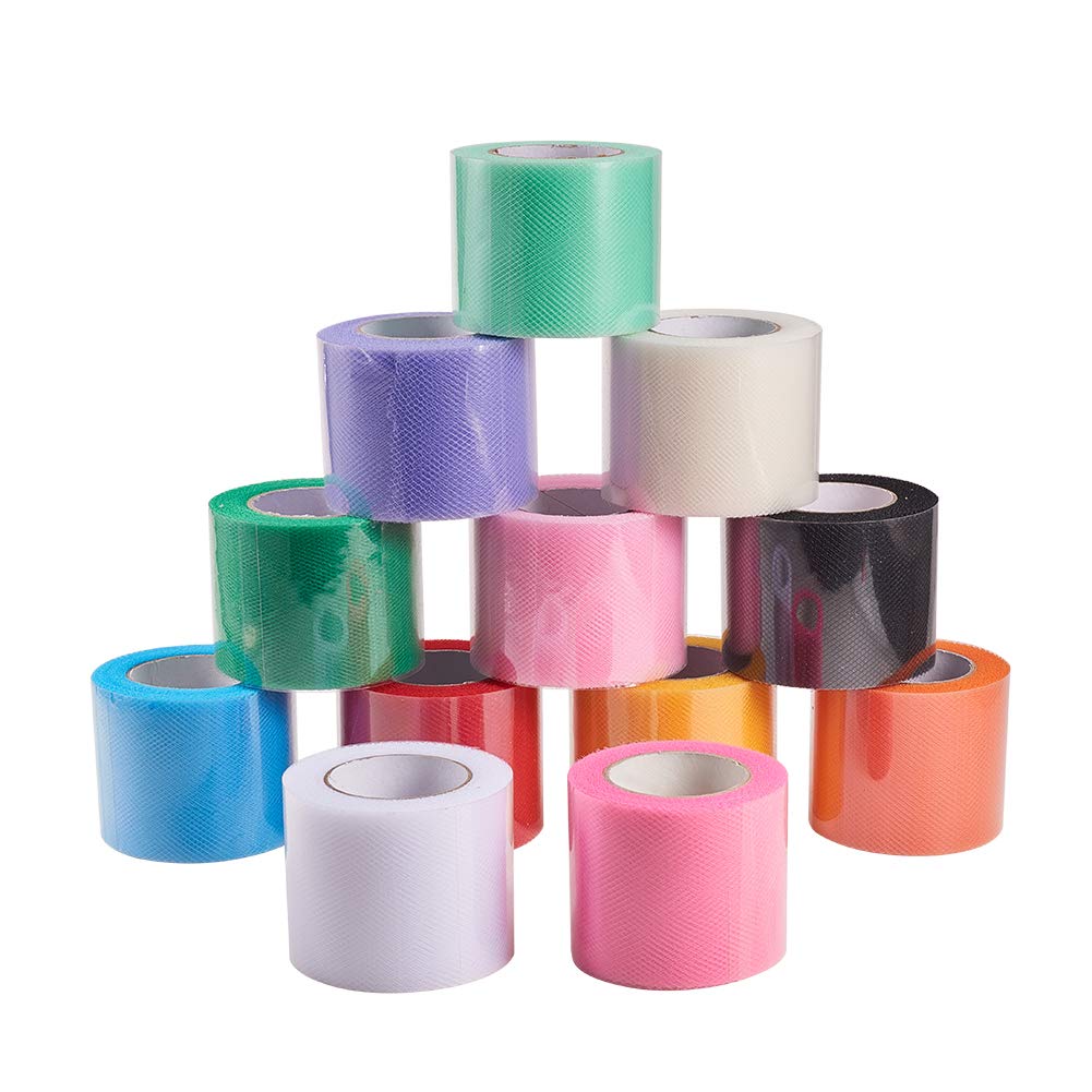 BENECREAT 2 Inch x 300 Yards Tulle Roll 12 Color Fabric Spool Tulle Rolls for Gift Craft Tutu Skirt Wedding Party Decorations (25yards/Color)