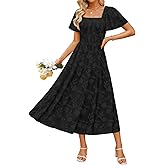ZESICA Women‘s Summer Boho Floral Midi Dress 2026 Casual Short Sleeve Square Neck Flowy Beach Vacation Long Dress