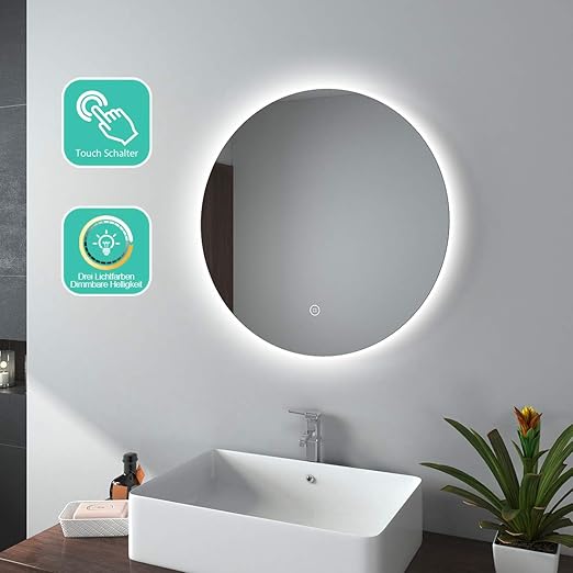 Emke Led Badspiegel Rund 60 Cm Durchmesser Led Spiegel Badezimmerspiegel Mit Beleuchtung 3 Lichtfarbe 3000 6400k Kaltweiss Neutral Warmweiss Lichtspiegel Mit Touchschalter Ip44 Energiesparend Amazon De Kuche Haushalt