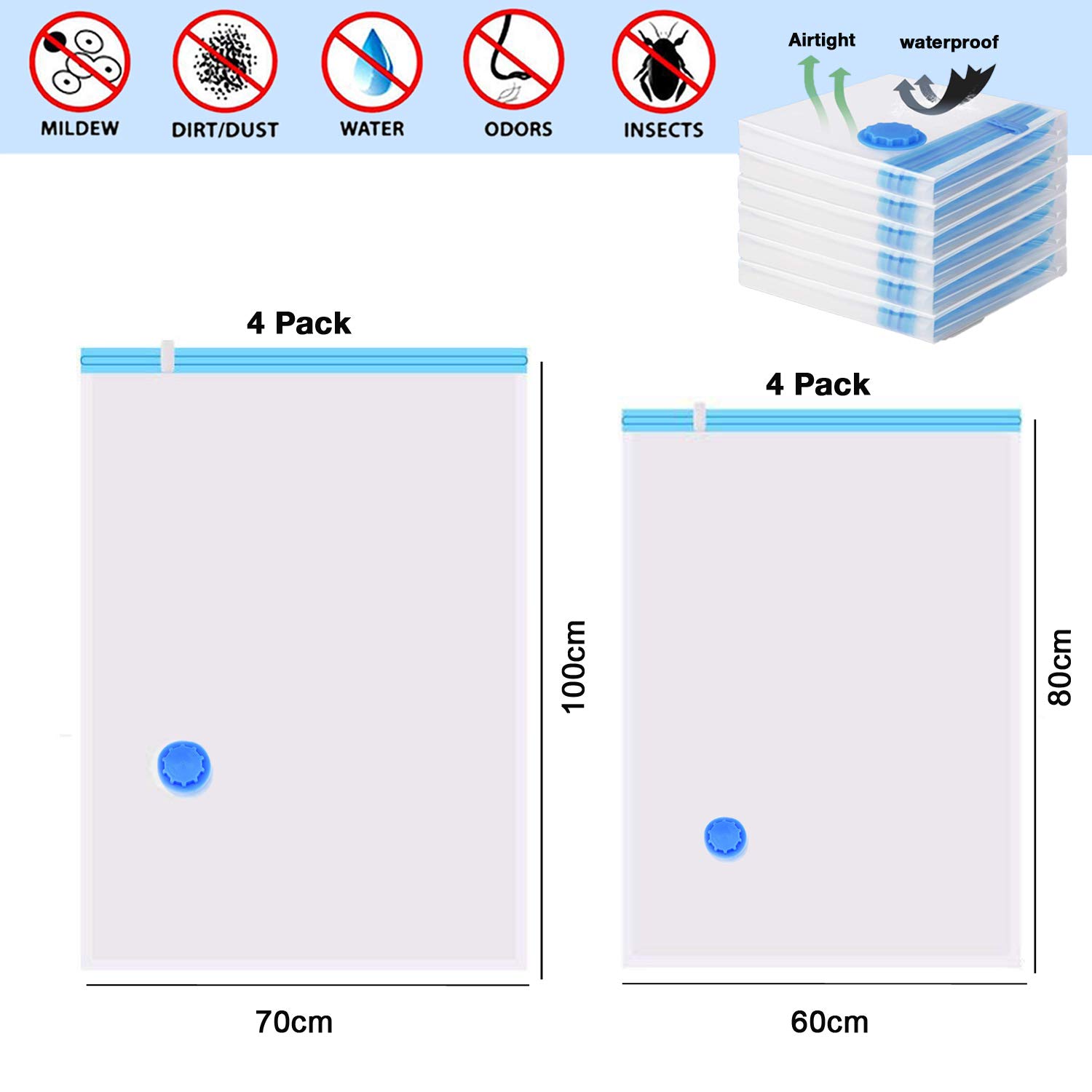 wivarra 8 x Sacs Housses de Rangement sous Vide Sacs de Rangement sous Vide pour Voyage, Economiser de L\'espace, Sacs de Stockage à Rouler pour Vêtements, Couettes, Literie