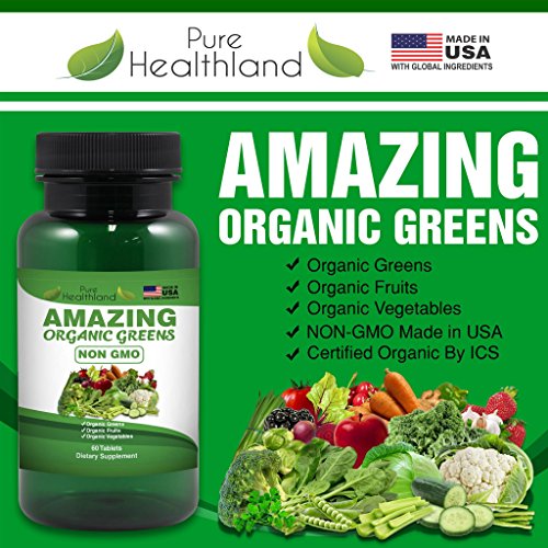 Non-GMO Amazing Organic Greens Superfood Supplement Tablets - 29 Organic Fruits & Vegetables for Dietary Health - Made in USA