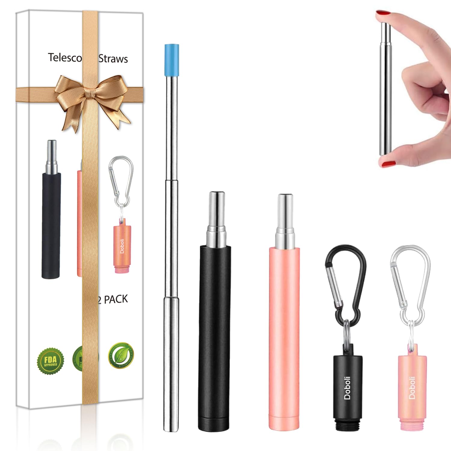 Photo 1 of 2 Pack Reusable Metal Straws Collapsible Stainless Steel Drinking Straw Travel Portable Telescopic Straw with Case for Cruise Ship Essentials Black/Rose Gold