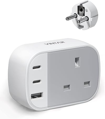VINTAR UK to EU Plug Adapter 2 USB C 1 USB A Grounded 4 in 1 Type E/F Europe