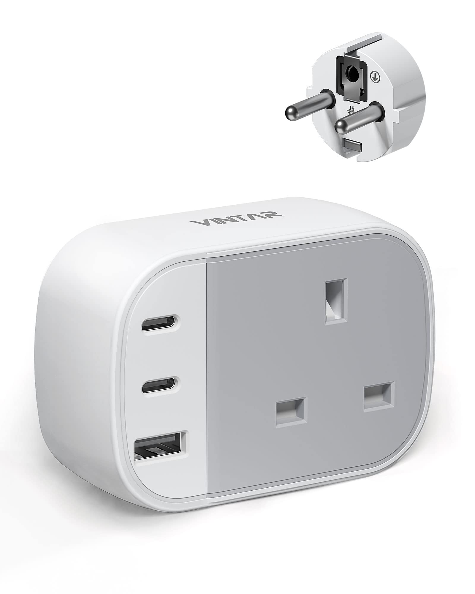 UK to European Plug Adapter, VINTAR Grounded Europe Travel Adapter with 2 USB C 1 USB A Ports, Travel Plugs UK to EU for Germany France Spain Greece Turkey Poland and More (Type E/F),1 Pack