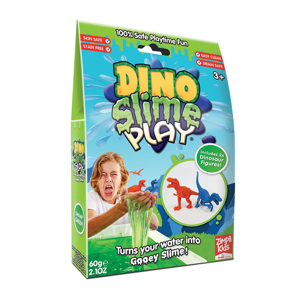 ZIMPLI - Dino Slime Play Green, 2 x Dinosaur figures, Magically turns water into gooey, colourful slime, STEM Toy, Dinosaur Toys for Boys, Xmas Gift, UK Made