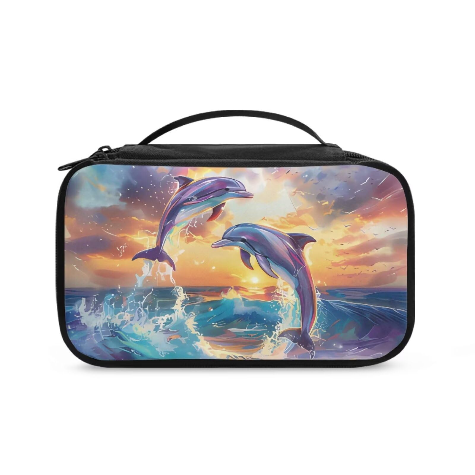 COEQINE Dolphin Sunset Cosmetic Bag Makeup Bags for Women Large Capacity Makeup Brush Organizer with Handles Travel Bags for Toiletry Machine Washable Compartment Portable, Dolphin Sunset