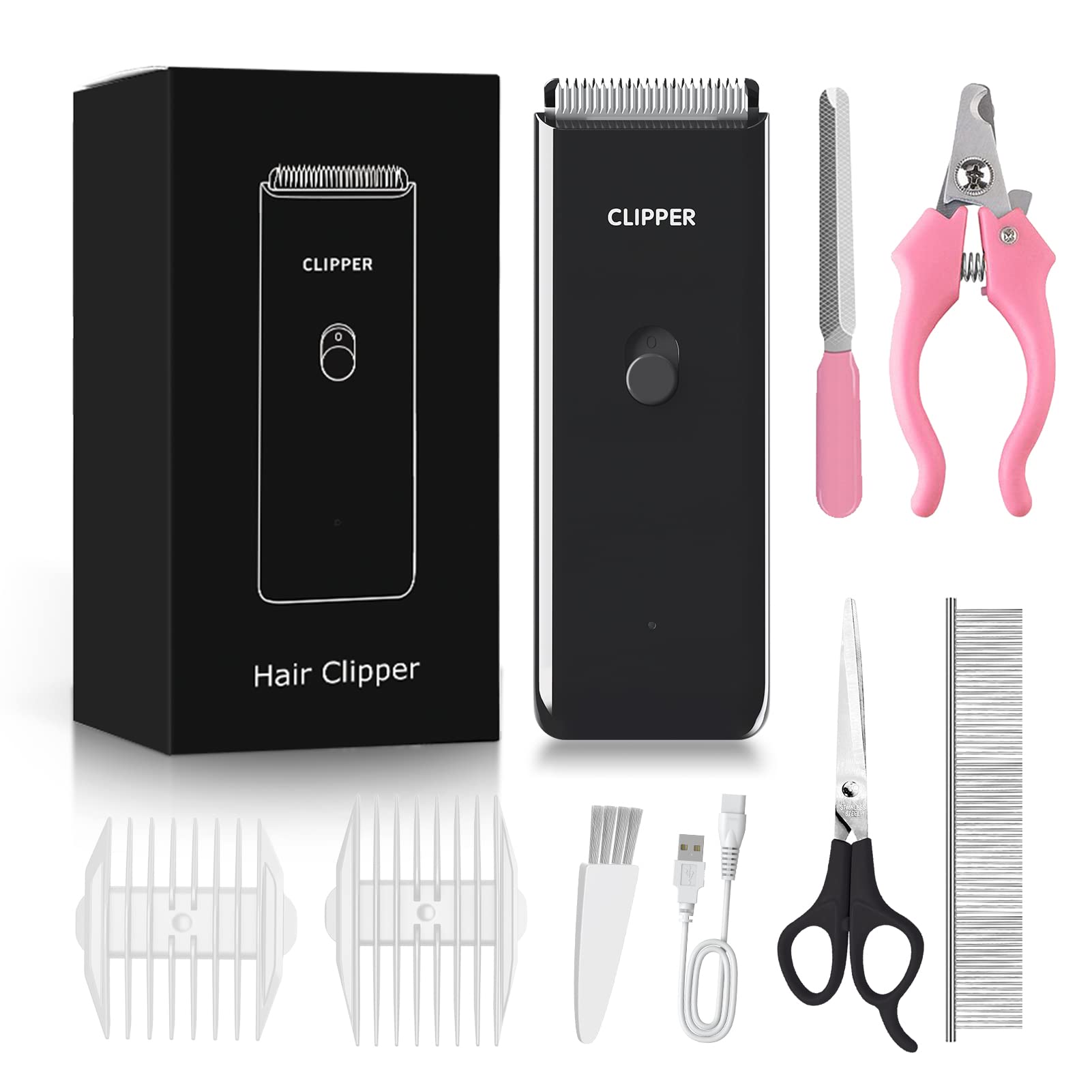 Dog Grooming Kit Electric Pet Paw Trimmer Low Noise Cordless Pet Clippers for Dog Cat Home Hair Grooming,Waterproof Cat Grooming Tools with 9-Pieces (Black)