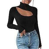 Turtleneck Sweater for Women Slim Fit Long Sleeve Ribbed Tops Classy Cutout Front Tight Undershirt Dressy Work Blouse