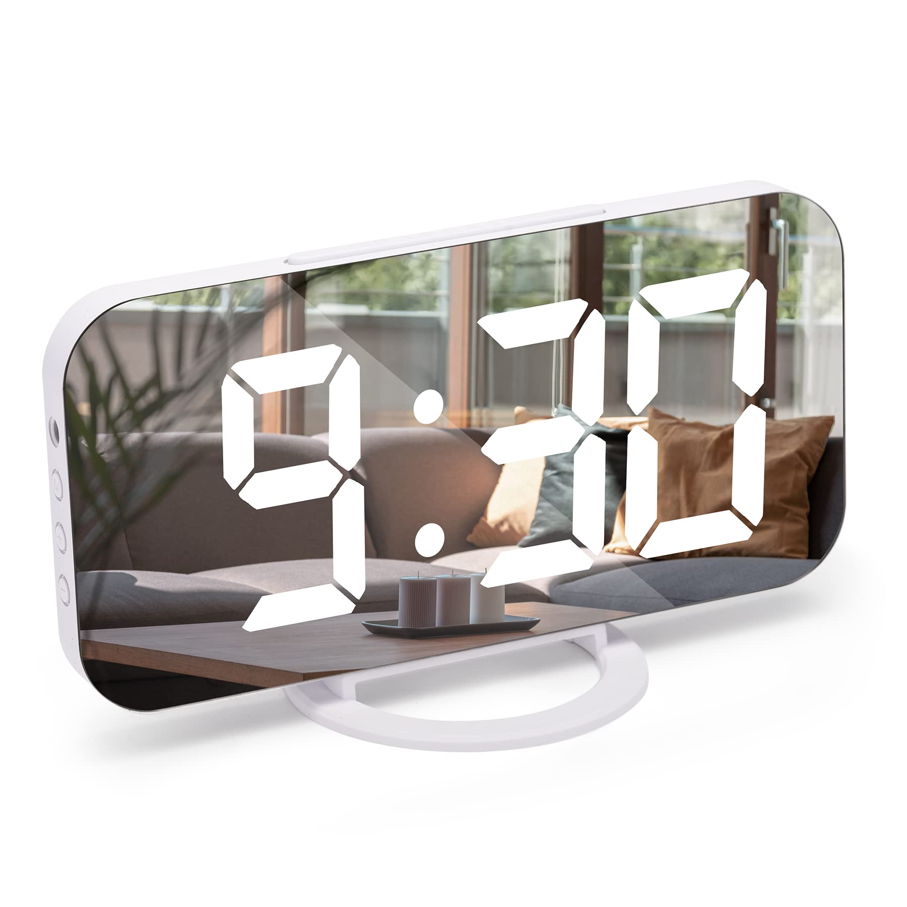 Dimmable LED Alarm Clock with Digital Display, Bedside Mirror Alarm, Snooze, 3 Dimmer Modes, Non-Ticking 2 USB Charging Ports for Home Bedroom Decor - White
