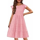 HOSIKA Girls Summer Cute Swiss Dot Flutter Sleeve Boho A Line Swing Tiered Casual Holiday Dress for 6-12 Years