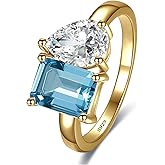 Yaresul Toi Et Moi 925 Sterling Silver Women Engagement Ring 14K Gold Plated 1.5ct 6x8mm Double Stone Emerald & Pear Aquamarine Cut Wedding Band Width 2mm Size 5-9