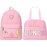 Bulyoou Preppy School Backpack Set for Girls Backpack and Lunch Bag with Chenille Patches Preppy Bookbag Lunch Bag for Back to School Gift(Pink)