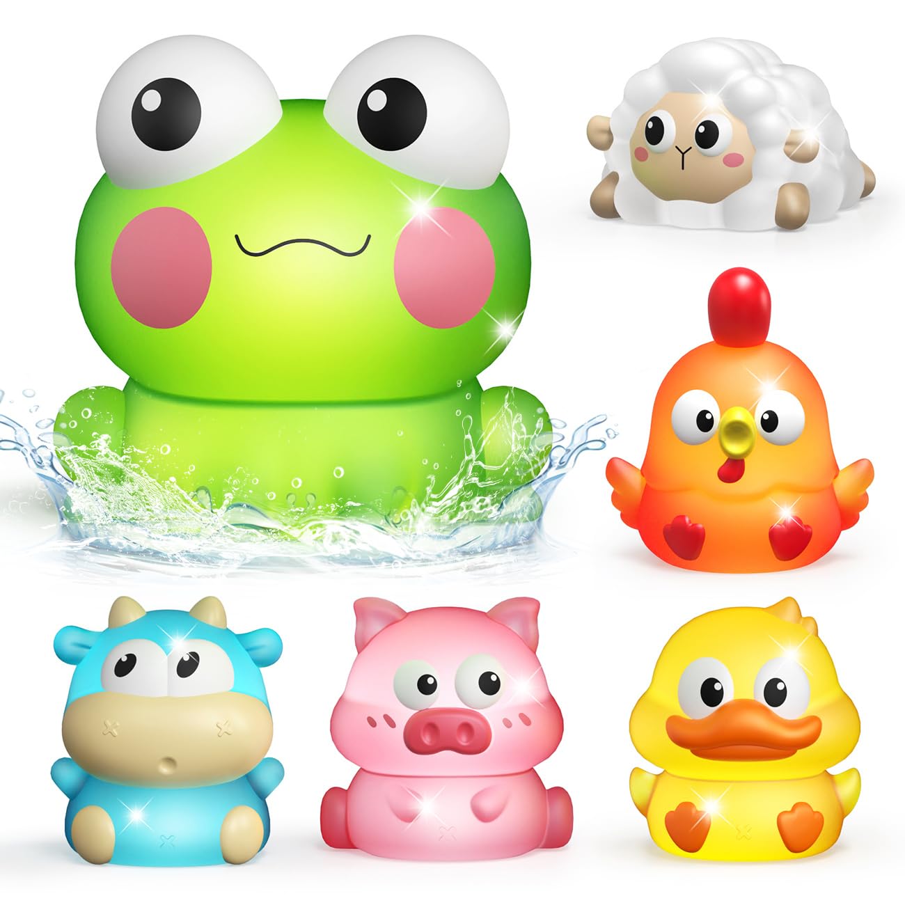 6 Packs Light Up Bath Toys for Kids Ages 1-3, Farm Animals Bathtub Toys for Toddlers 2-4, Water Pool Toys for 1 2 3 Year Old Boys Girls Babies 12-18 Months Gifts