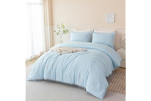 PERFEMET 5 Pieces Full Bed in A Bag Light Blue Pom Pom Bedding Set for Girls Boys Soft Fluffy Boho Solid Bedding Comforter Set with Sheets(Light Blue, Full)