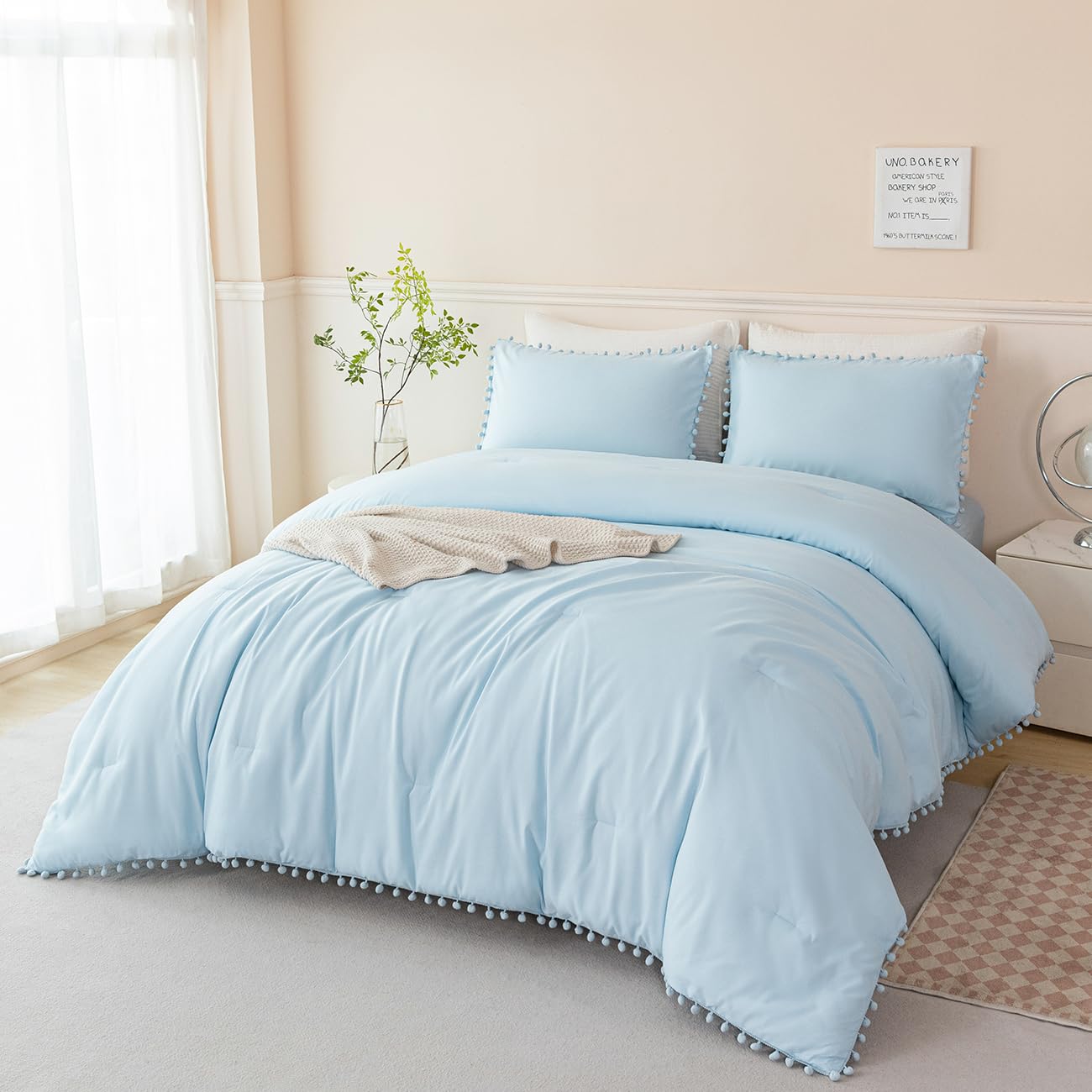 Photo 1 of PERFEMET 5 Pieces Full Bed in A Bag Light Blue Pom Pom Bedding Set for Girls Boys Soft Fluffy Boho Solid Bedding Comforter Set with Sheets(Light Blue, Full)