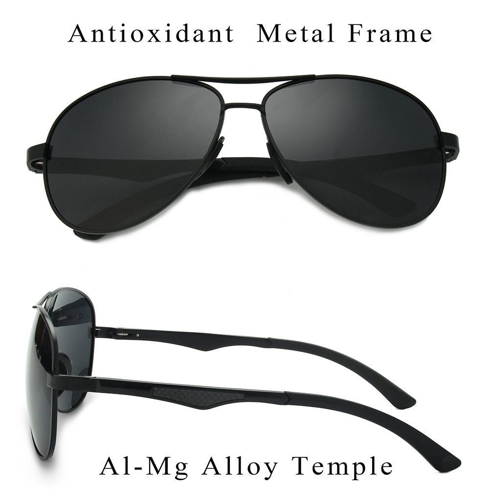 WELUK Aviator Sunglasses for Men Polarized Military Mirrored Pilot Retro Glasses (Black & Black, 62)