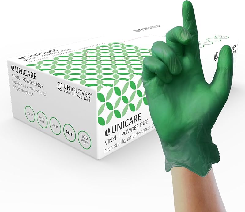 UNIGLOVES Unicare Vinyl Disposable Gloves Medium Green Box of 100