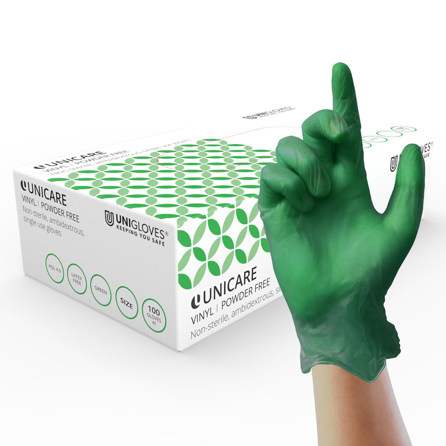 UNIGLOVES Unicare Vinyl Disposable Gloves - Multipurpose, Powder and Latex Free Examination Gloves - Box of 100 Gloves, Green, Extra Large (GS0125)