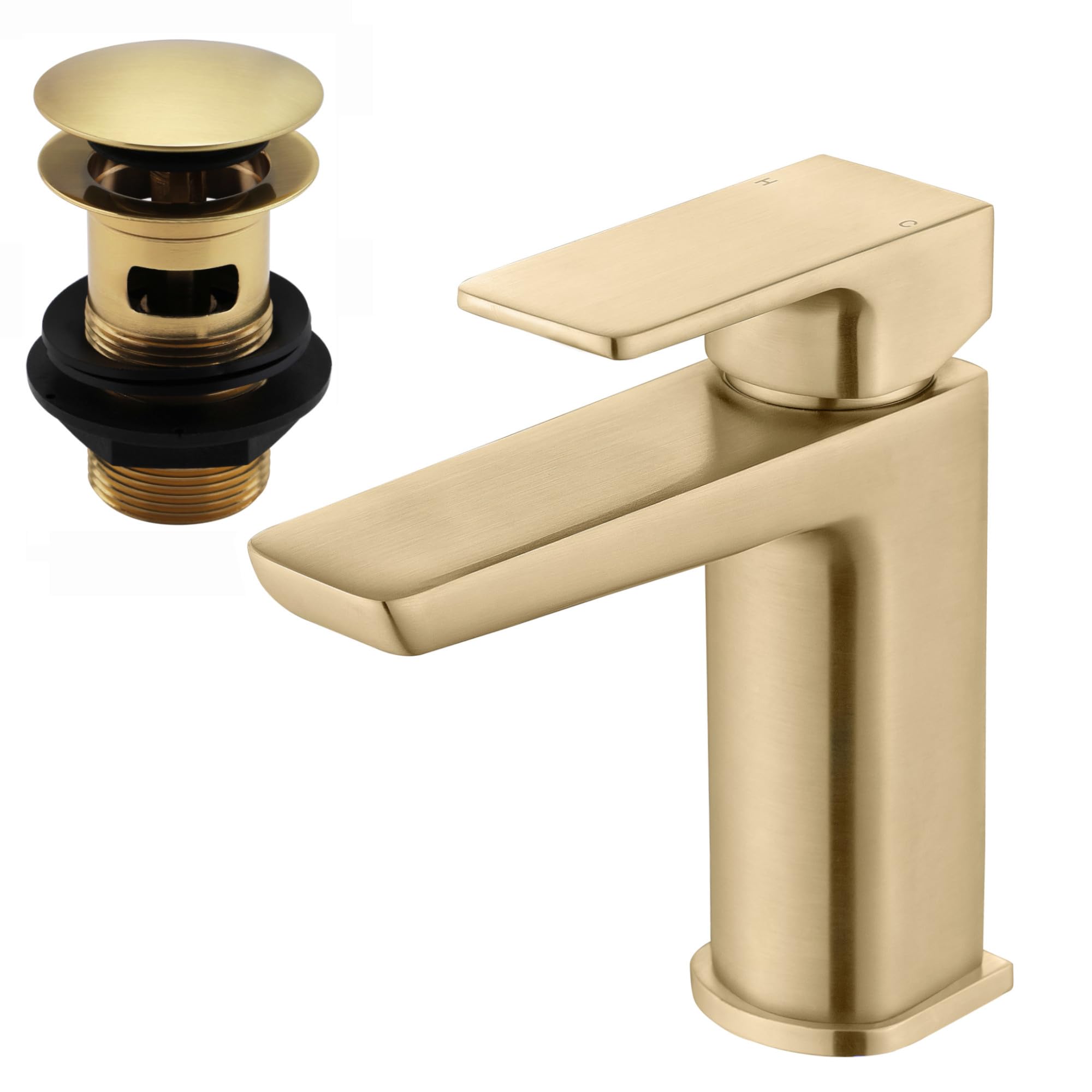 ENKI, Mykonos, BT1203, Contemporary Basin Sink Mixer Tap with Pop Up Waste, Brushed Brass