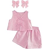 RoseSeek Girl's 2 Piece Striped Summer Outfits Bowknot Sleeveless Tank Top Blouses and Shorts Set Cute Clothes
