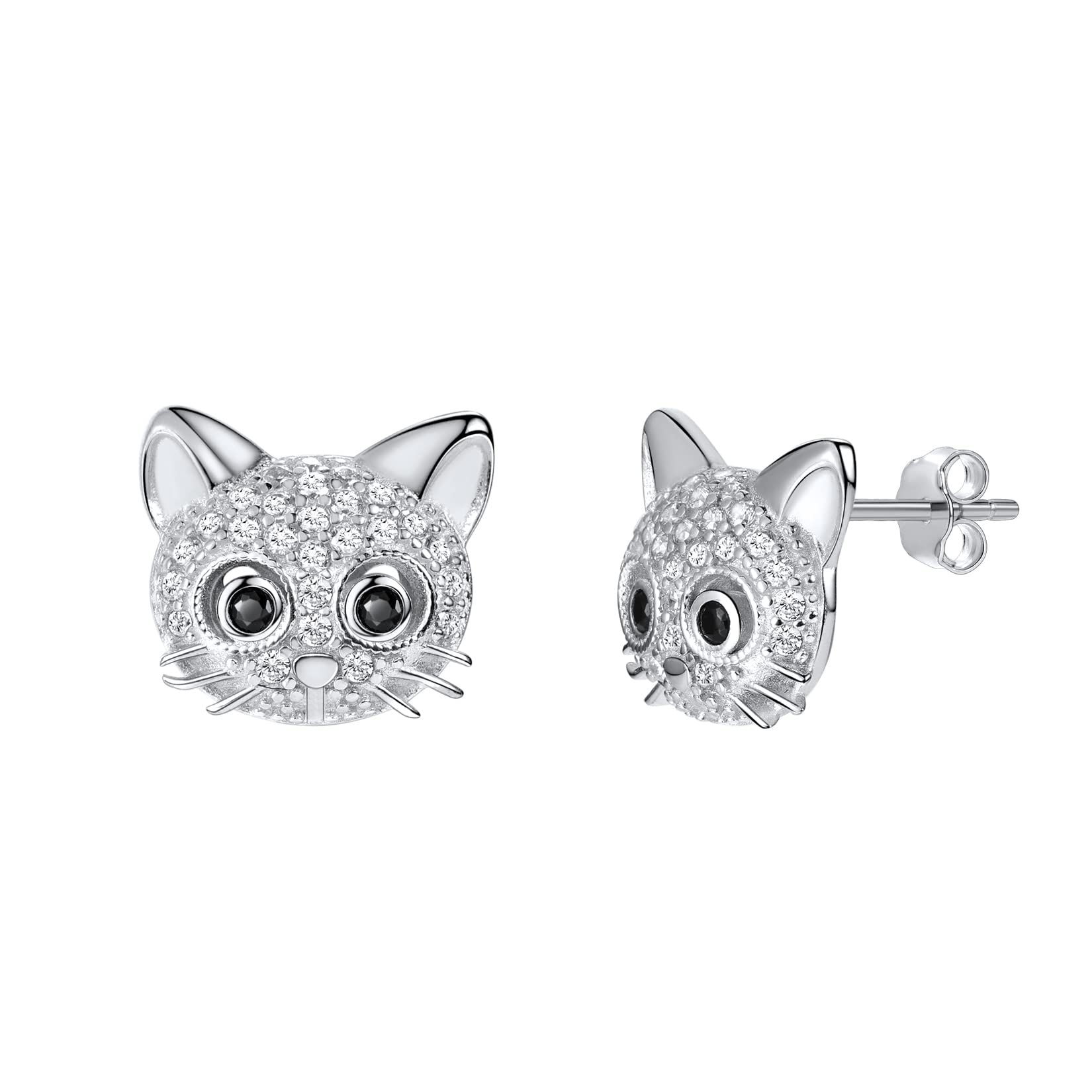 SILVERCUTE Stud Earrings for Women 925 Sterling Silver Animal Earring, Cute Crystal Cat Ear Studs, Lovely Small Cartilage Ears Jewellery for Daily Wear Delicate Gifts for Birthday