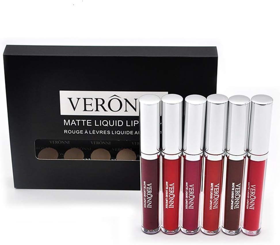 6ml VERONNI Waterproof Matte Liquid Lipstick Set 6pcs Lipgloss Kit Long Lasting, Non-Fade Lipsticks Lip Beauty Cosmetic Makeup Case Perfect Gift Kit (6pcs Set)