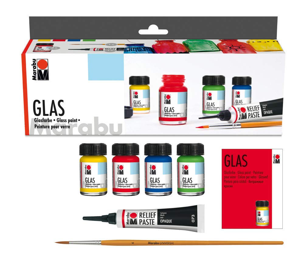 Marabu Glass Painting Kit "Glas" 4 x 15 ml + brush + paste black
