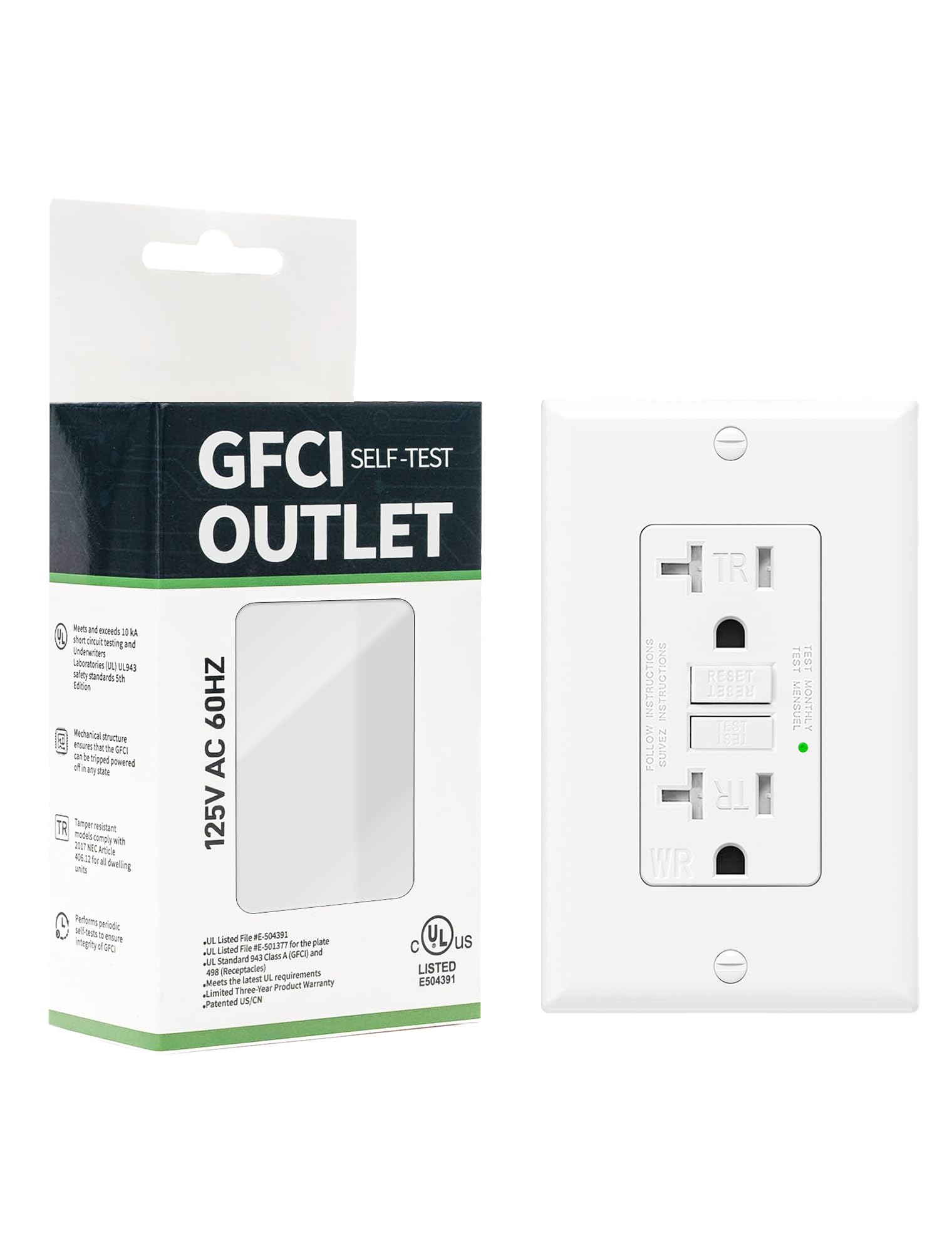Photo 1 of 1-Pack 20 Amp GFI Electrical GFCI Outlet Self-Test Tamper Resistant (TR) Weather Resistant (WR) Ground Fault Receptacle with LED Indicator UL Listed Standard Wall Plate Included White