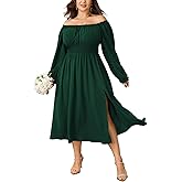 Plus Size Maxi Fall Wedding Guest Dress for Curvy Women Long Sleeve Smocked Formal Cocktail Party Dresses Slit