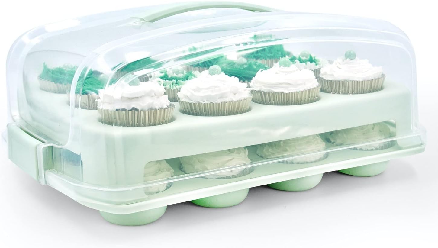 Top Shelf Elements Cupcake Carrier, Fashionable Seafoam Green Holder Carries 24 Gourmet Cupcakes, Durable Traveler Airtight Storage, Two Tier Stand and Reusable Cupcake Box