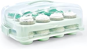 Top Shelf Elements Cupcake Carrier, Fashionable Seafoam Green Holder Carries 24 Gourmet Cupcakes, Durable Traveler Airtight Storage, Two Tier Stand and Reusable Cupcake Box