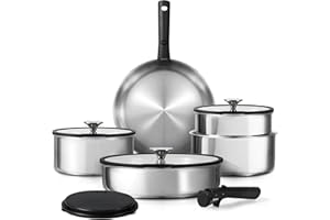 CAROTE 12pcs Pots and Pans Set, Glossy Stainless Steel Cookware Set, Induction Kitchen Cookware Sets with Removable Handle, RV Cookware Set, Oven Safe, Camping Cookware, Black