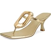 RJYLP Gold Flip Flop Heels Sandals for Women Metal Kitten Heels Thong Sandals Slip on Comfort Square Toe Casual Fashion Summer Flip Flops Shoes