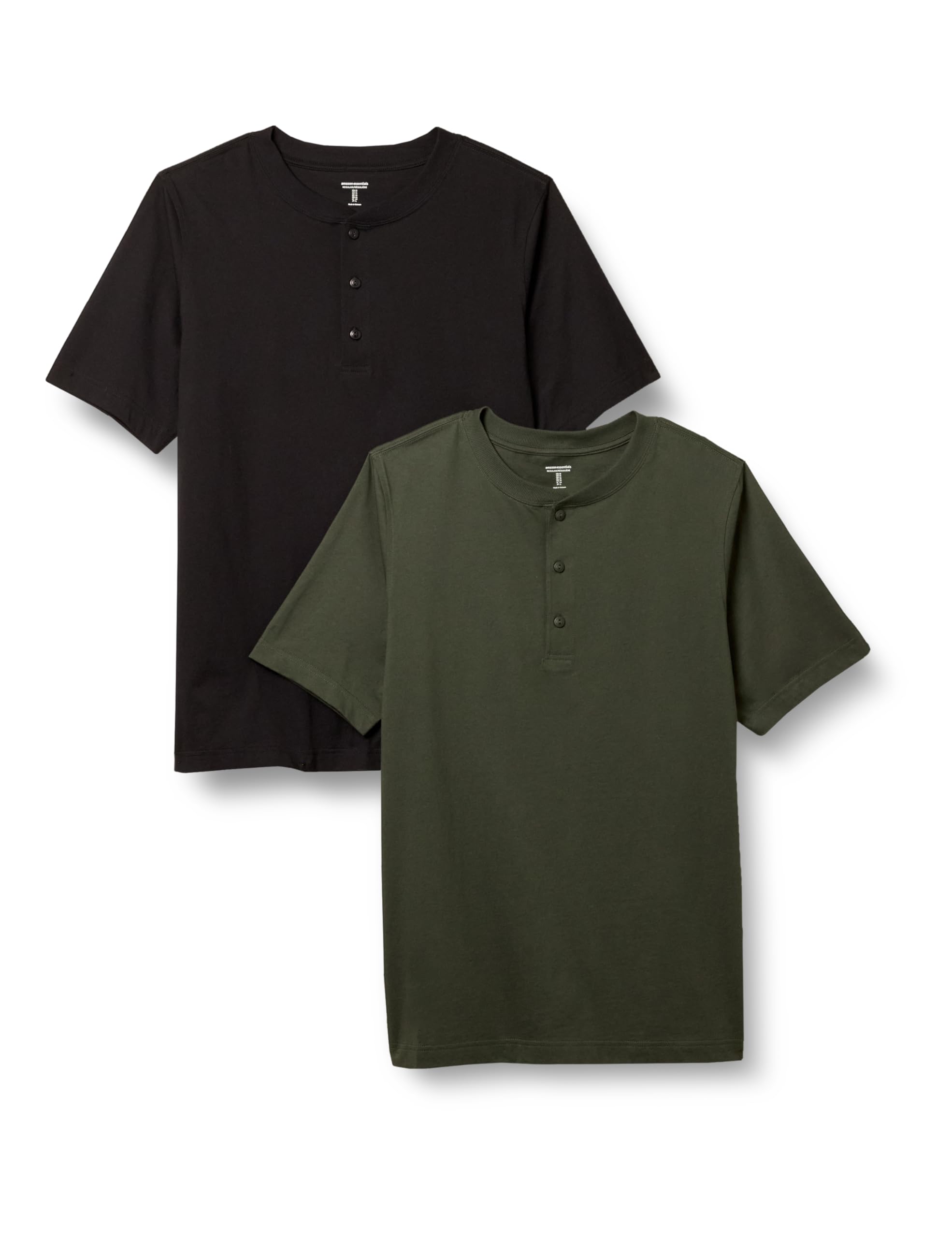 Photo 1 of Amazon Essentials Men's Regular-Fit Short-Sleeve Cotton Henley T-Shirt, Pack of 2, Black/Dark Olive, XX-Large