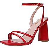 RIBONGZ Red Strappy High Heels for Women Heeled Sandals Square Open Toe Ankle Strap Chunky Wedding Bridal Prom Shoes Block High Heels for Party Dress 8