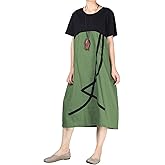 Minibee Women's Linen Casual Dress Summer Short Sleeve Midi A-line Boho Tunic Dresses with Pockets
